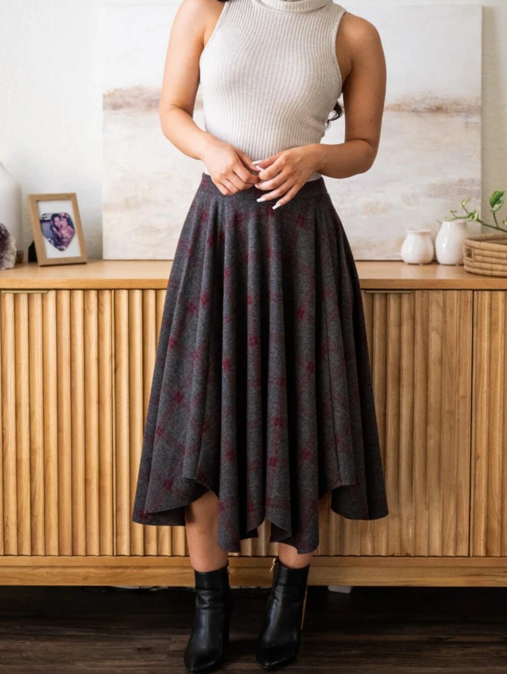 Sozy Skirt Size S Charcoal Combo Gray Plaid Midi High Waist Flowy Vintage